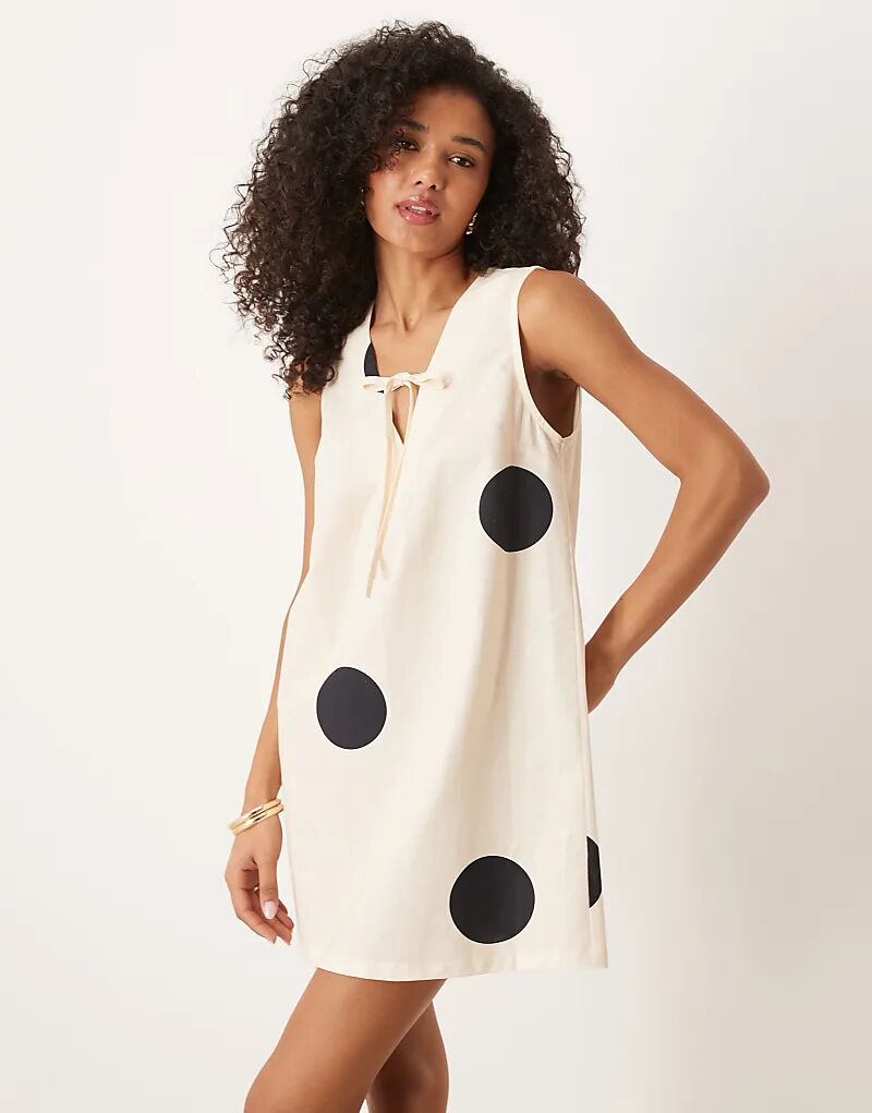 

Мини-платье ASOS DESIGN из льняного материала с завязками спереди в горошек