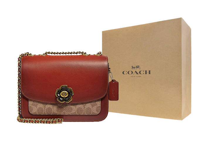 

COACH Мадисон Кожаная цепочка маленькая квадратная сумка через плечо на плечо женская коричневая желтая и ржаво красная