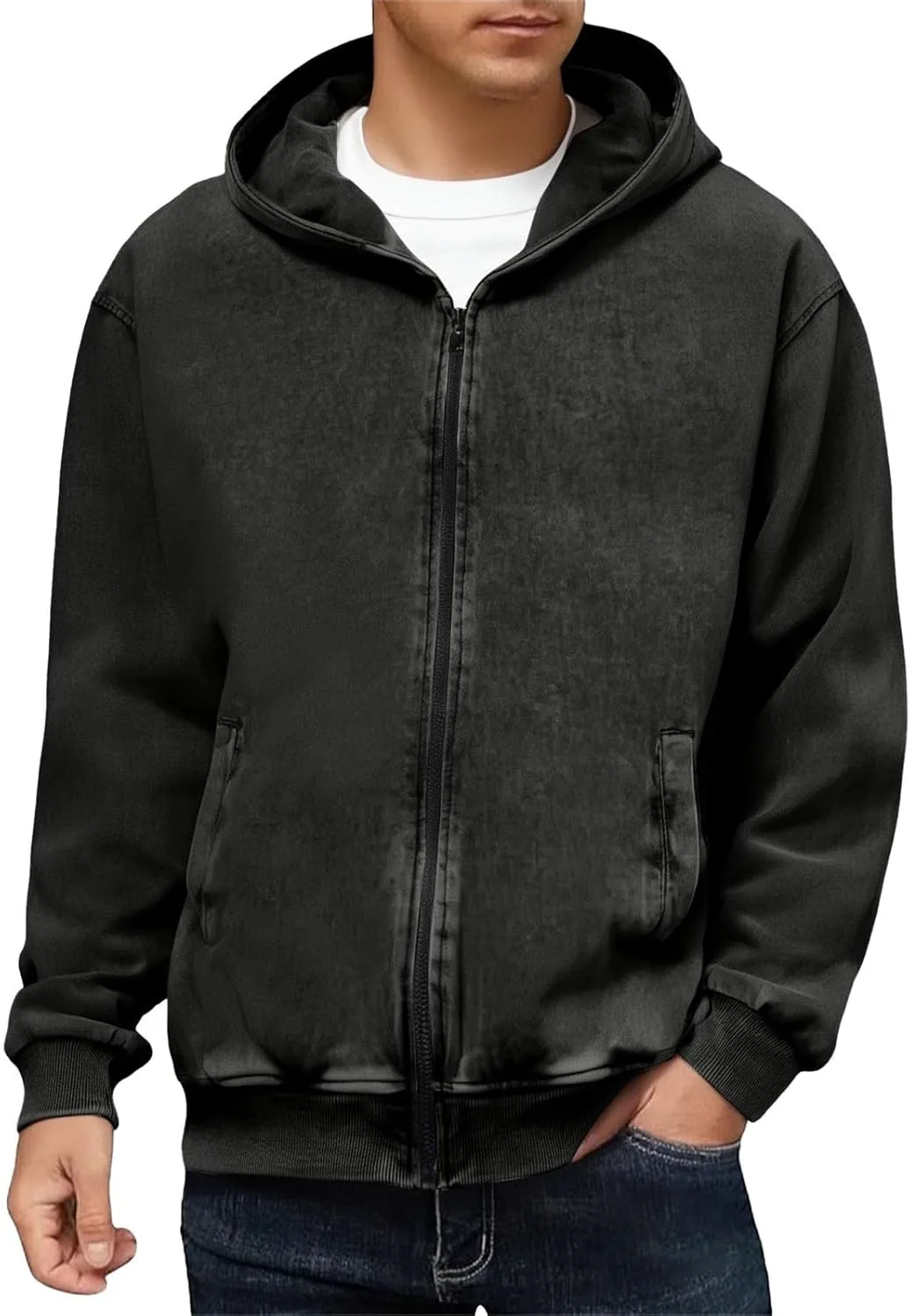 

Мужская худи с молнией ретро стирка длинный рукав осенний оверсайз свитшот CAOQAO