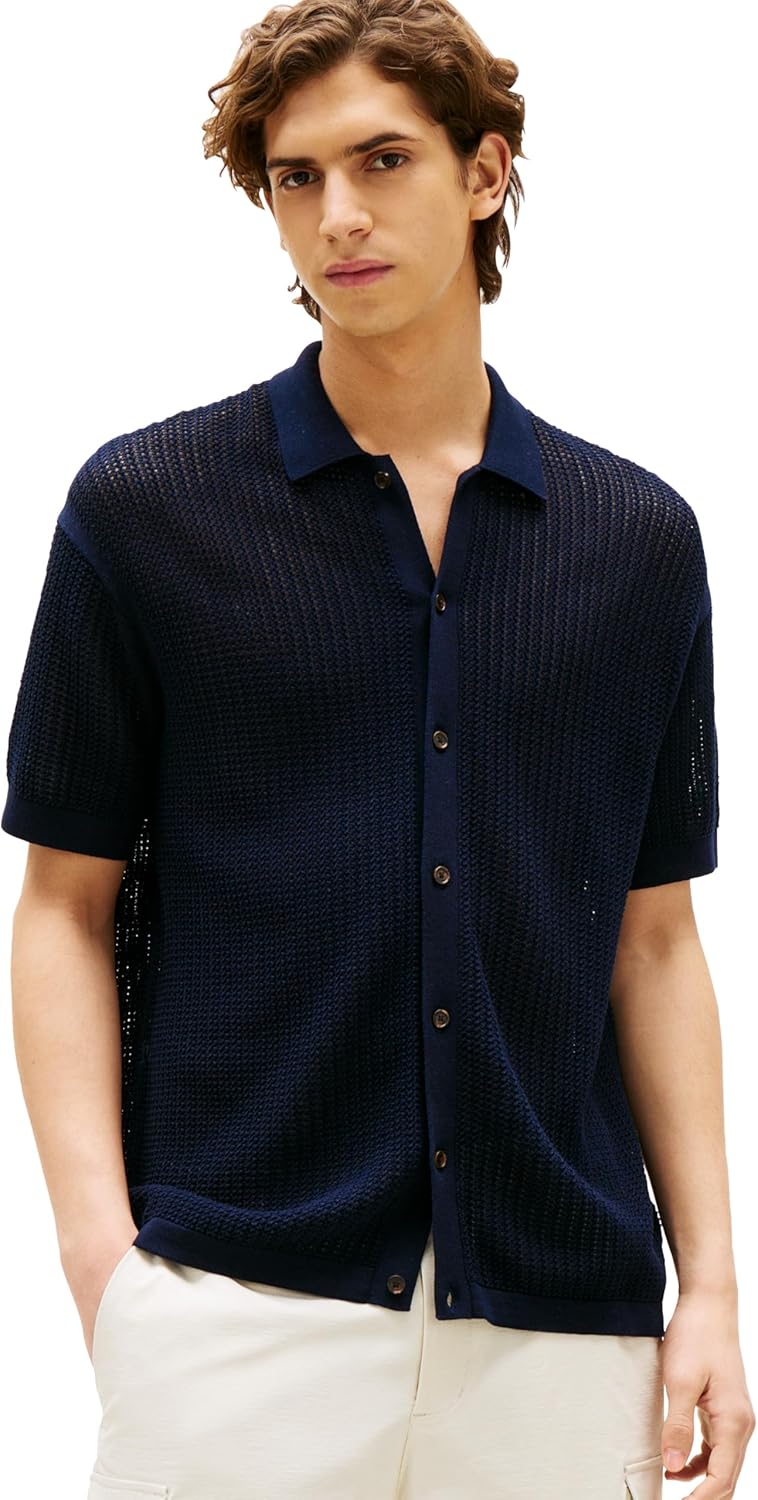 

Мужская структурированная трикотажная рубашка Tommy Hilfiger с коротким рукавом, стандартного кроя, Desert Sky