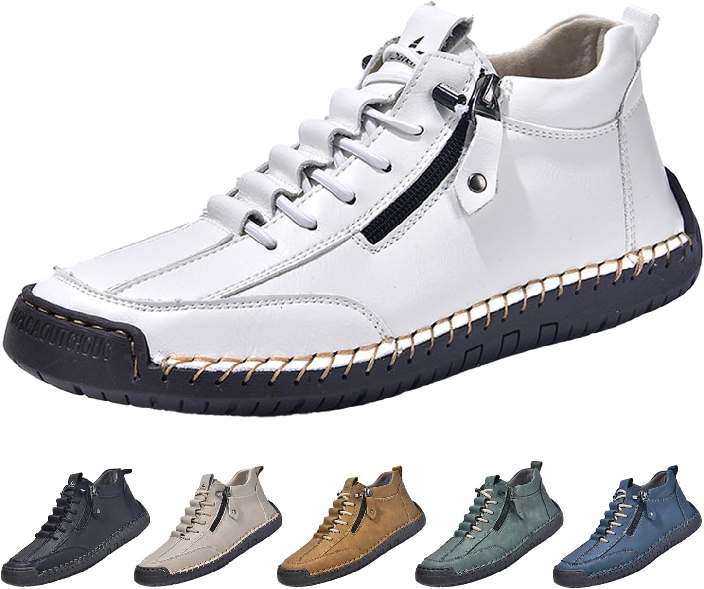 

Мужские лоферы из кожи, повседневная обувь, удобные винтажные с ручной строчкой, с боковой молнией, нескользящие, модные кроссовки Hneowgn, белый