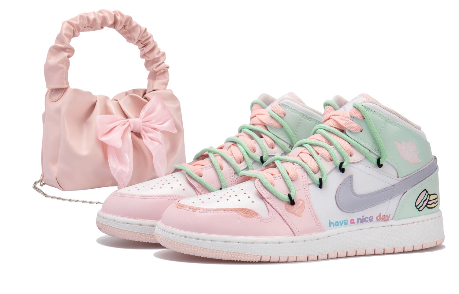 

Кроссовки Air Jordan 1 Vintage Basketball Shoes Women's Mid-top White/pink/green, розовый