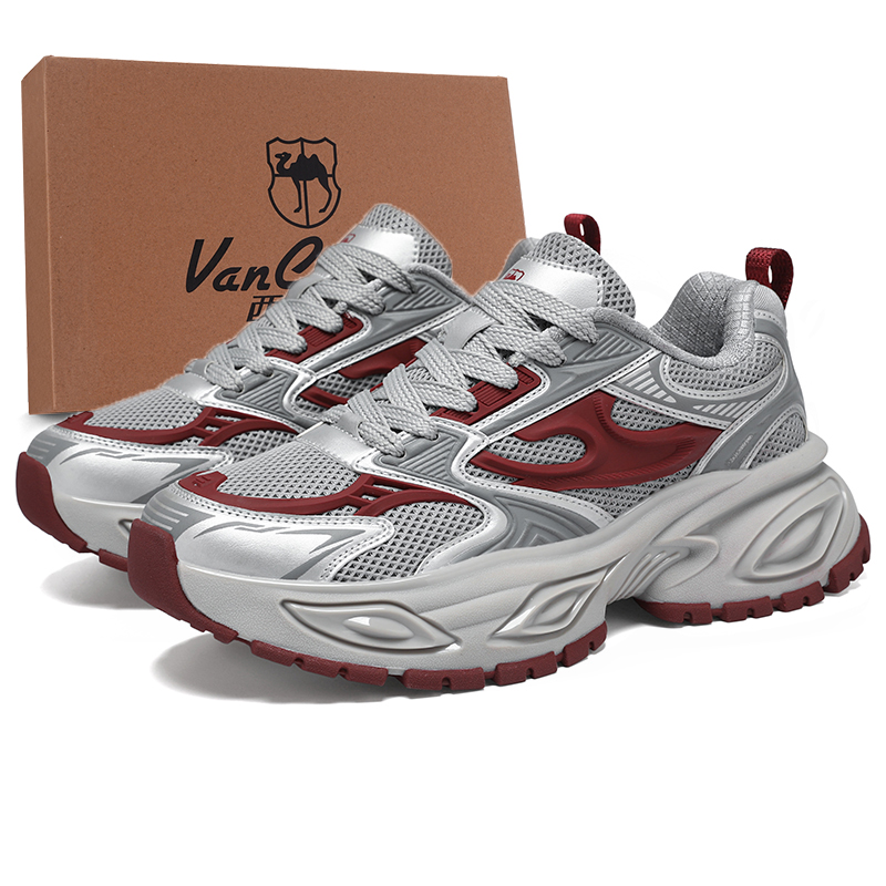

VanCamel Серые и красные кроссовки мужские низкие массивные с увеличенной высотой устойчивые к истиранию легкие дышащие противоскользящие, цвет Gray Red Box