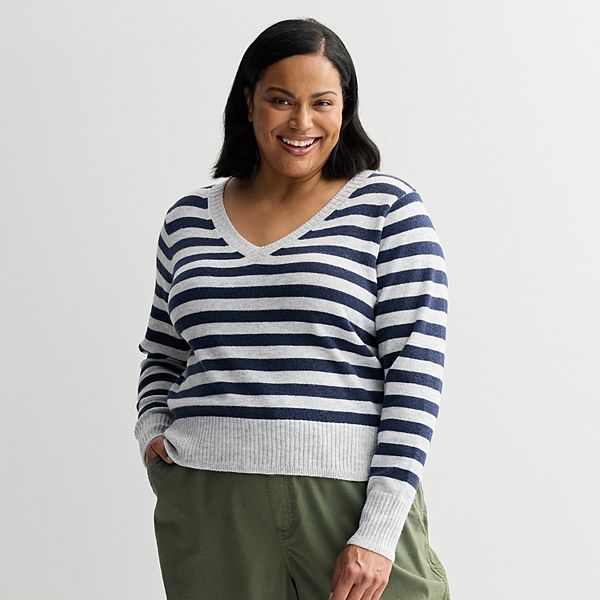 

Свитер V-образным вырезом Plus size Sonoma Goods For Life, Gray Blue Stripe