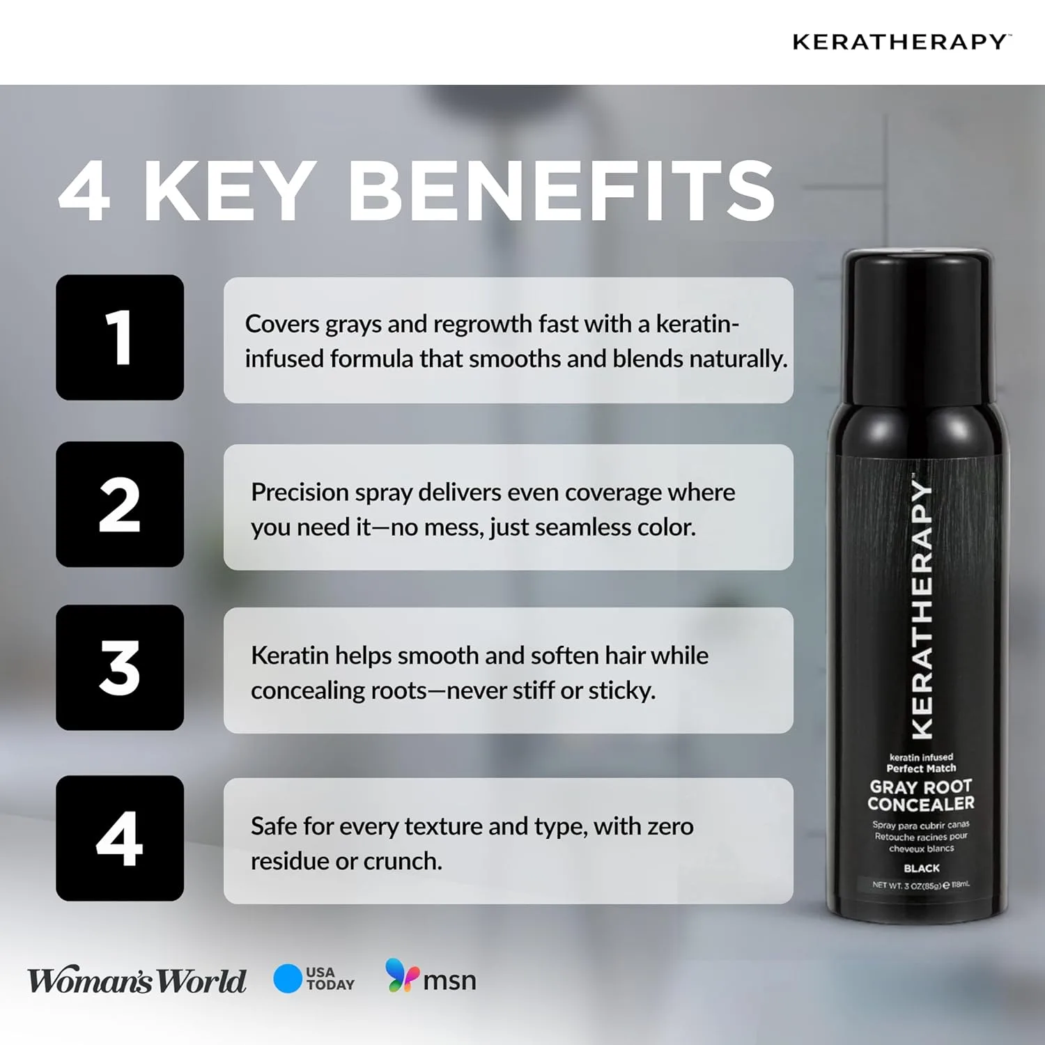 Keratherapy Keratin Infused Perfect Match Gray Root Concealer Spray, Black, 3 унции, 118 мл - спрей для маскировки седины у корней 85.05 г / 85 г, 118 мл, Black — фото 4