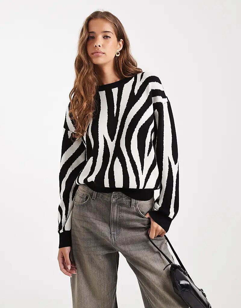 

Жаккардовый джемпер Vero Moda с круглым вырезом, черно-кремовый, с принтом зебры