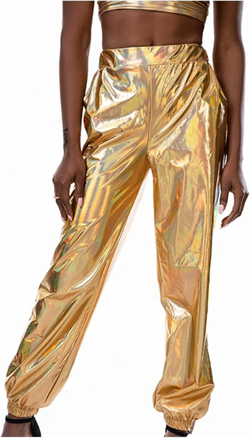 

Женские блестящие металлические джоггеры с высокой талией