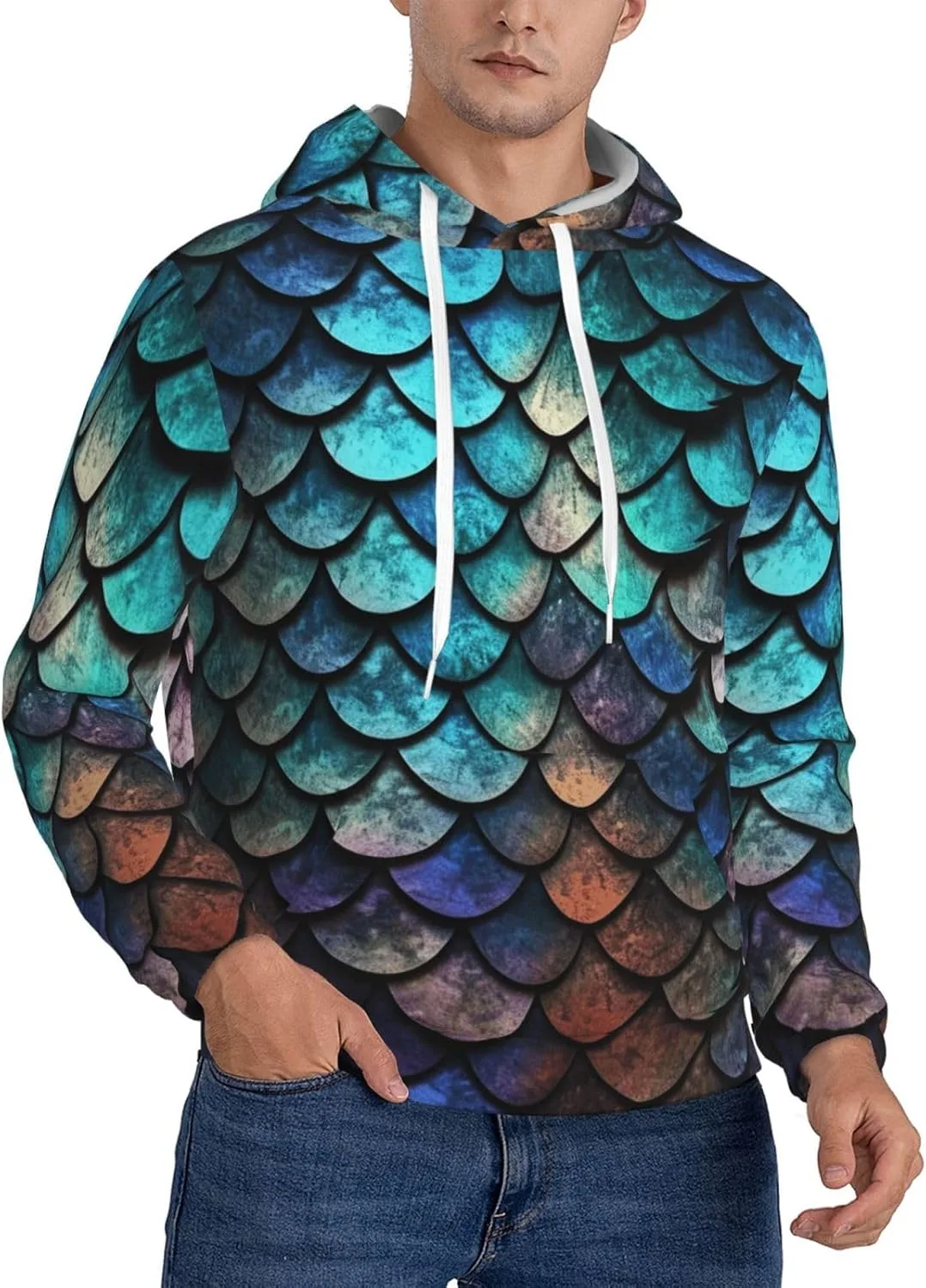 

Мужской флисовый худи с длинным рукавом и 3D принтом в виде чешуи дракона HJTRW