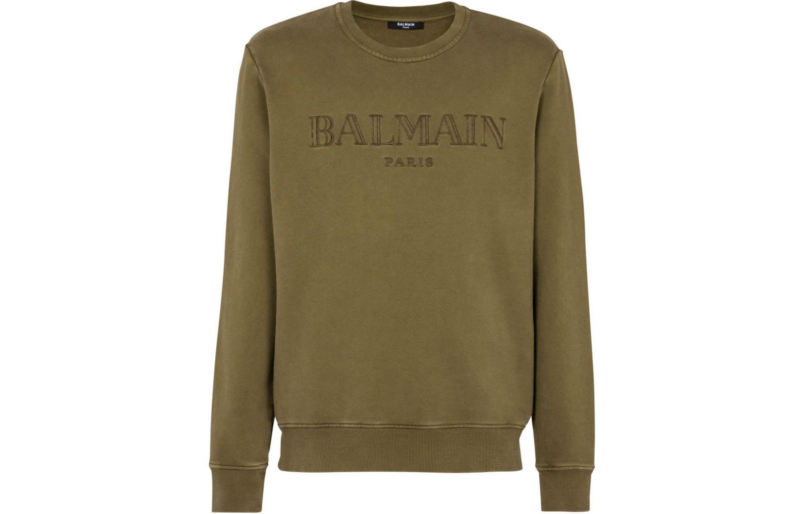 

Винтажная футболка с вышитым логотипом BALMAIN, оливково-зеленая