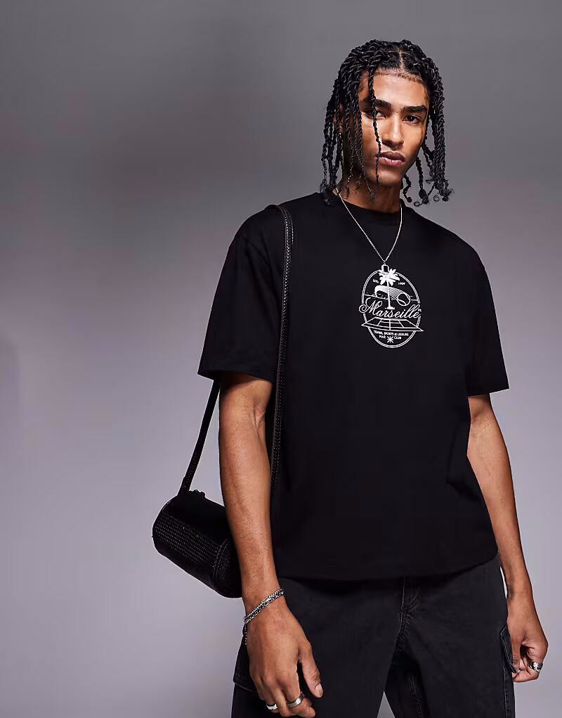 

Свободная футболка свободного кроя ASOS DESIGN с рисунком на груди черного цвета