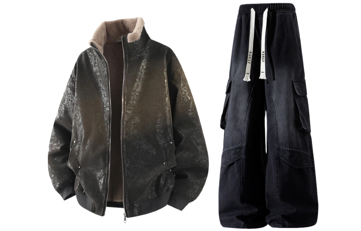 

Повседневная спортивная одежда унисекс с воротником стойкой утепленная X1617, coffee jacket puffer jacket+черный pants