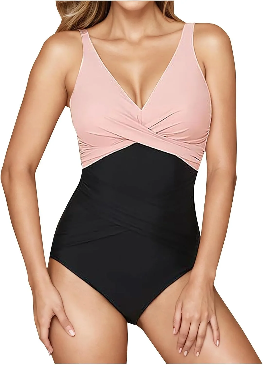 Женский купальник с эффектом утягивания живота, цельный, с принтом, глубоким V-образным вырезом, сборками, эффектом пуш-ап, с подкладкой Generic, розовый