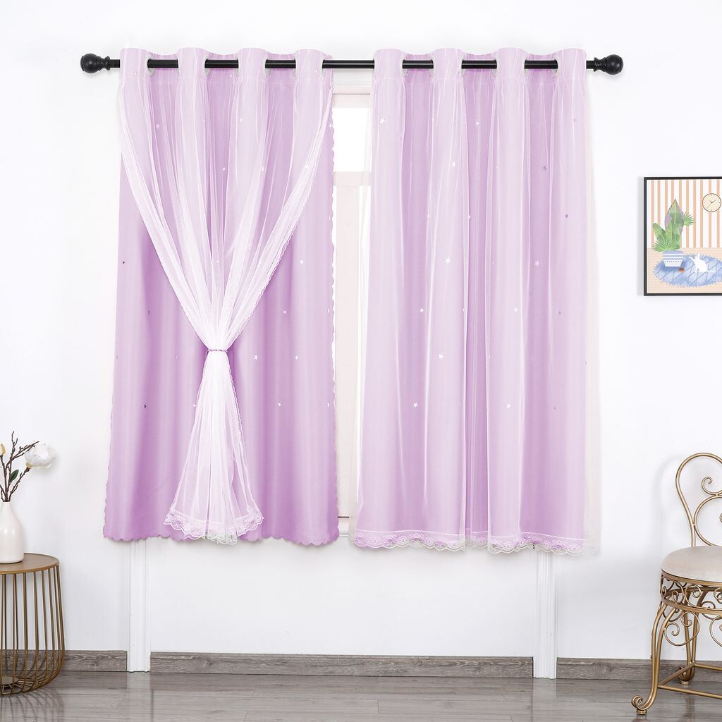 

Занавеска с ажурной звездой, двухслойная вуаль, непрозрачная занавеска с люверсами для спальни, детской комнаты, фиолетовая, 130 x 243 см easy home, фиолетовый
