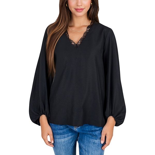 

Женская блузка с v-образным вырезом, кружевной отделкой и рукавами-фонариками Anna-Kaci