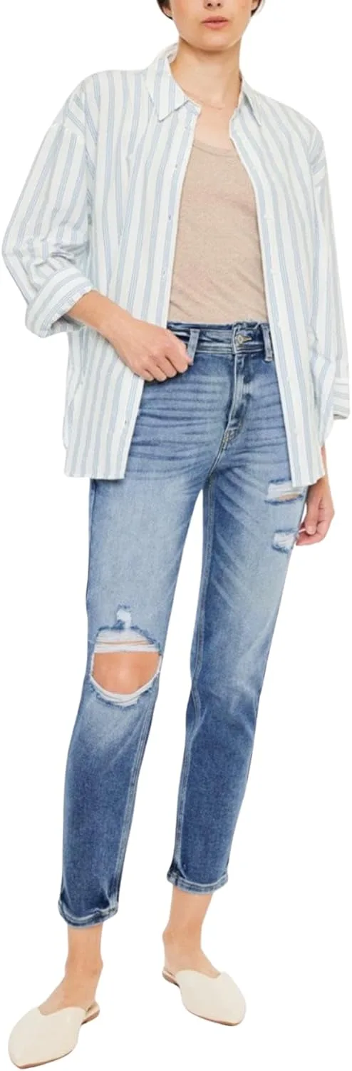 

Женские джинсы Casual Vintage с высокой посадкой, потертые, Mom Skinny, средняя стирка, с прорезями на коленях и выцветшими деталями Yanhoo