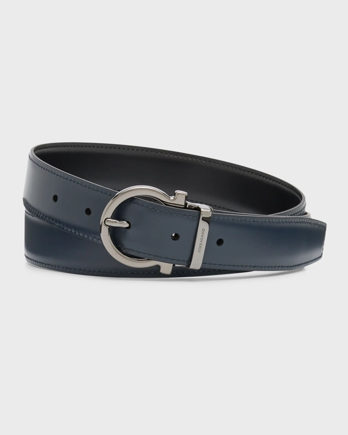 

Мужской двусторонний кожаный ремень Gancio Ferragamo, цвет Nero/Blue Marine
