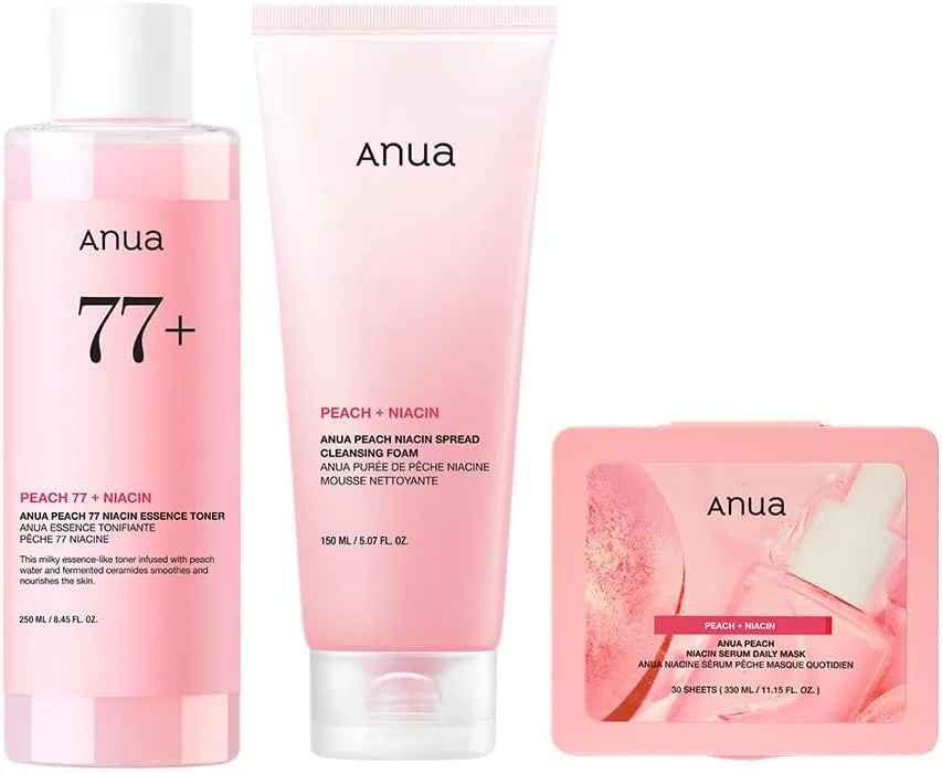 Набор уходовой косметики ANUA Peach Niacin 3-шаговый: тонер 250 мл, пенка 150 мл, маски 30 шт
