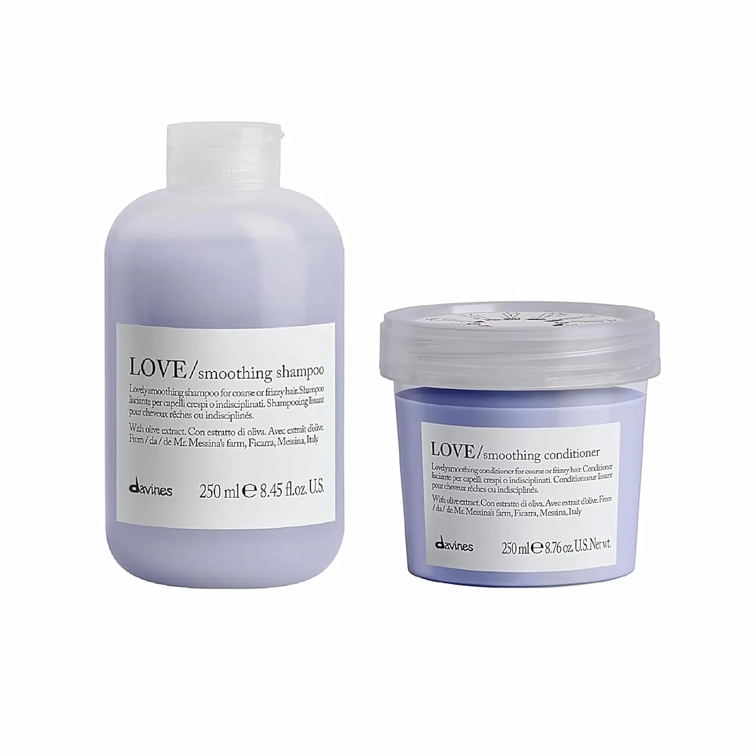 Шампунь и кондиционер Davines LOVE Smoothing, мягко очищают вьющиеся и жесткие волосы, разглаживают, смягчают и питают, придают блеск, 8,45 и 8,87 жидких унций.