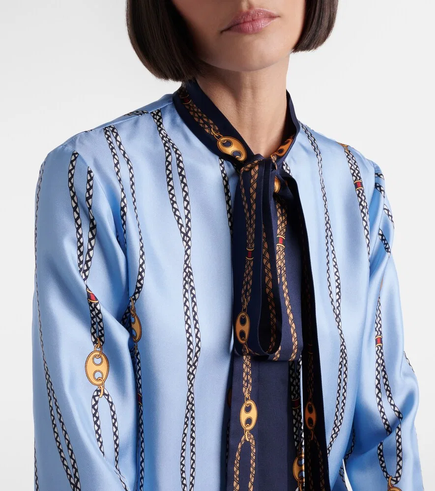 Рубашка Gucci Шелковая твиловая с принтом и воротником-стойкой, синий — фото 4