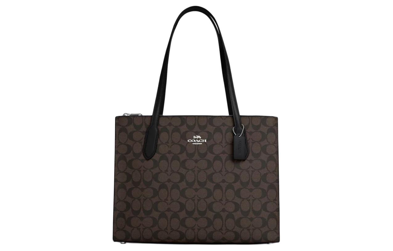 

COACH Сумка-шоппер Nina Canvas с кожаной сумкой-шоппером, сумка-тоут, сумка через плечо, большая женская, коричнево-черная