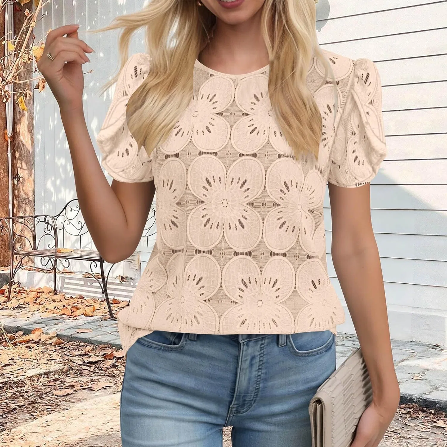 Блуза с кружевом крючком, короткий рукав, бренд Generic, цвет Beige — фото 2