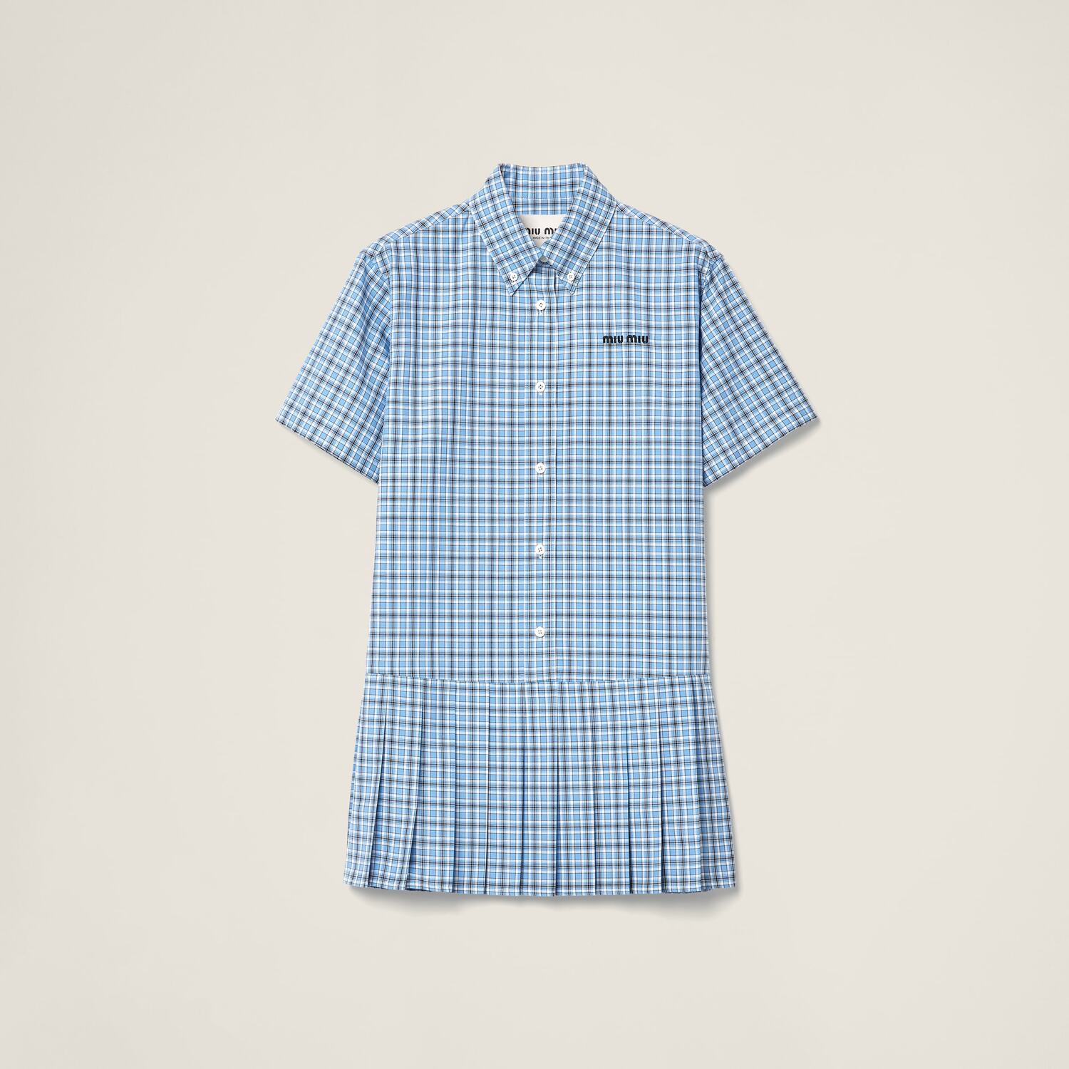 

Платье из поплина в клетку с плиссировкой MIU MIU, светло-синий / синий