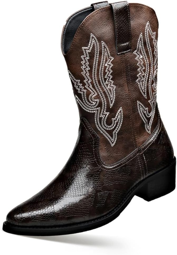 

Мужские западные ковбойские сапоги, искусственная кожа с узором под зминую кожу, вышитый дизайн, короткая длина голенища, округлый носок Gnvkxeu, темно-коричневый