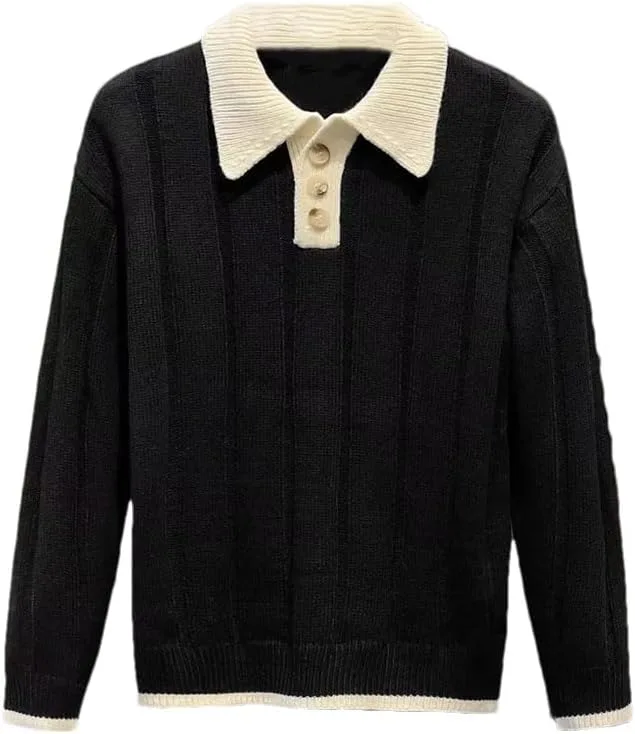 

Мужской вязаный свитер с отложным воротником и контрастной полосой