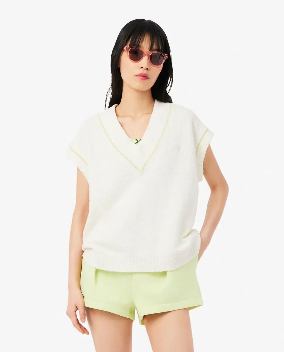 Женский джемпер Lacoste, трикотажный, из хлопковой смеси с V-образным вырезом, белый, с короткими рукавами