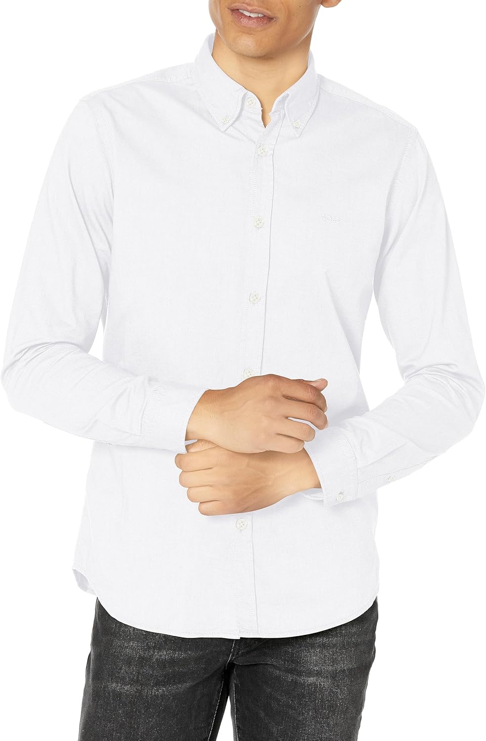 

BOSS Мужская однотонная хлопковая оксфордская рубашка на пуговицах, Marshmellow White