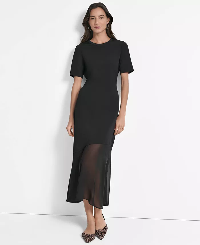 

Женское платье макси с юбкой из сетки и комбинированным кроем DKNY, черный