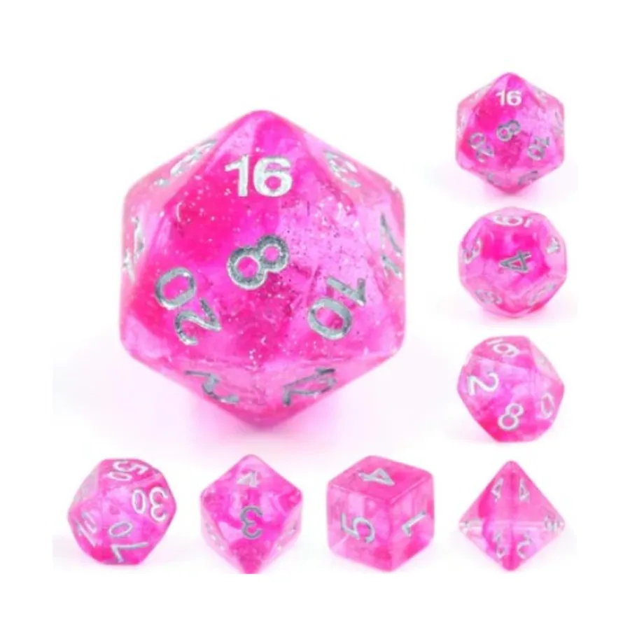 

Поликомплект - Хаос с серебром (7), Dice Sets - Resin/Acrylic - Red, Orange, Yellow, & Pink (Foam Brain Games)