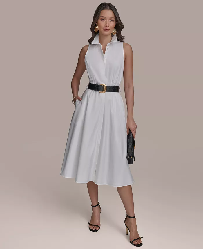 

Женское хлопковое платье-рубашка с поясом Donna Karan New York, коричневый/бежевый