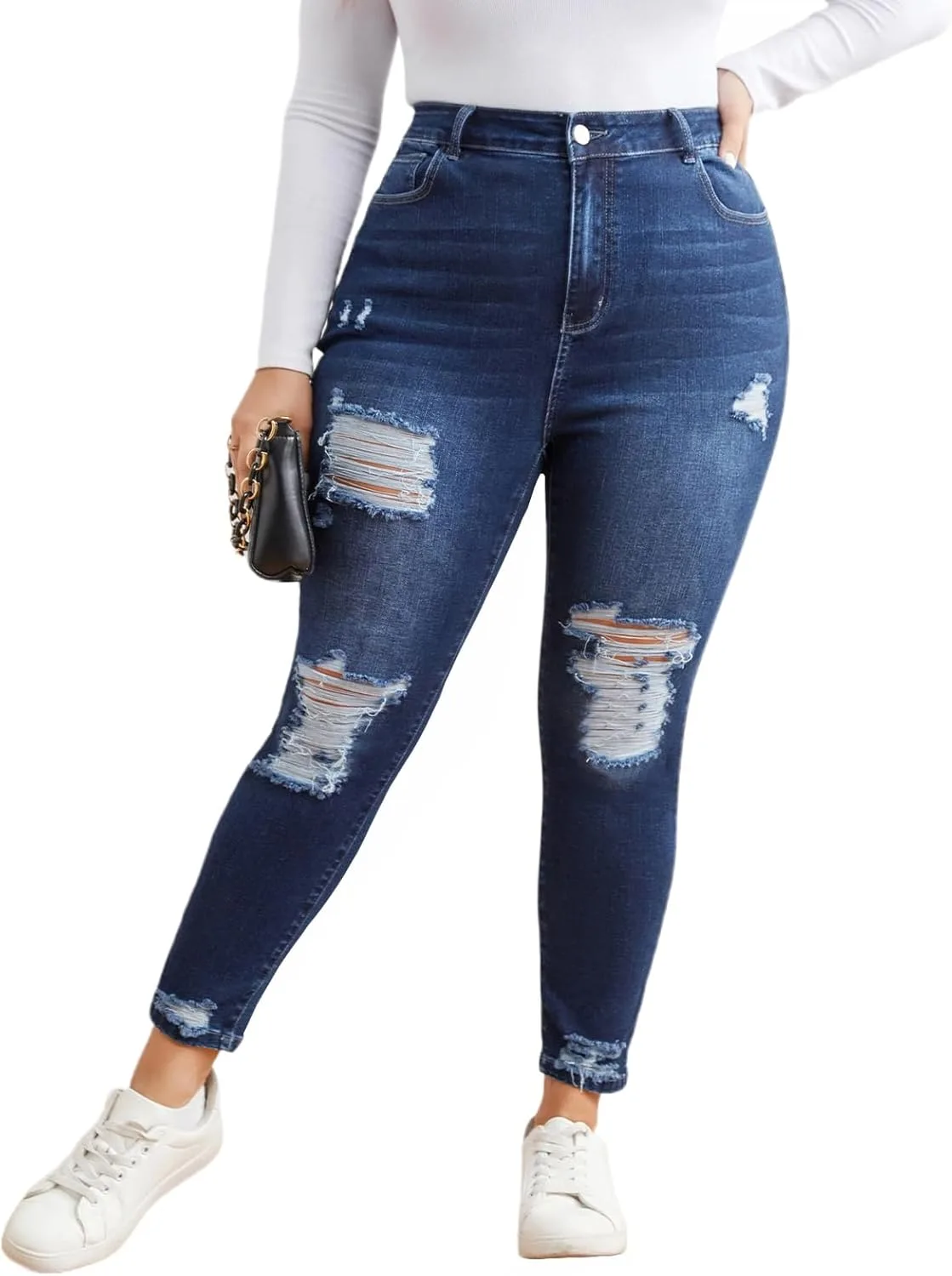 

Плюс сайз скинни джинсы для женщин, высокие, эластичные, рваные Djeanxa