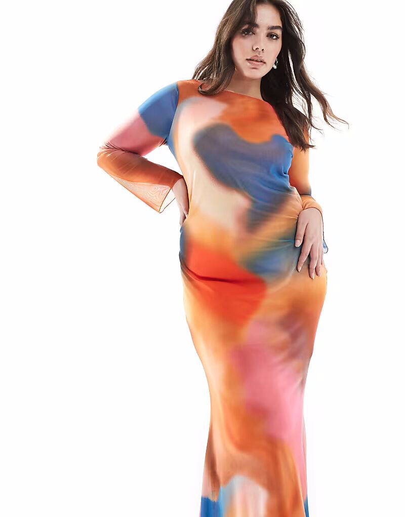 

Длинное сетчатое платье-макси с длинными рукавами Vero Moda Curve в абстрактном синем цвете