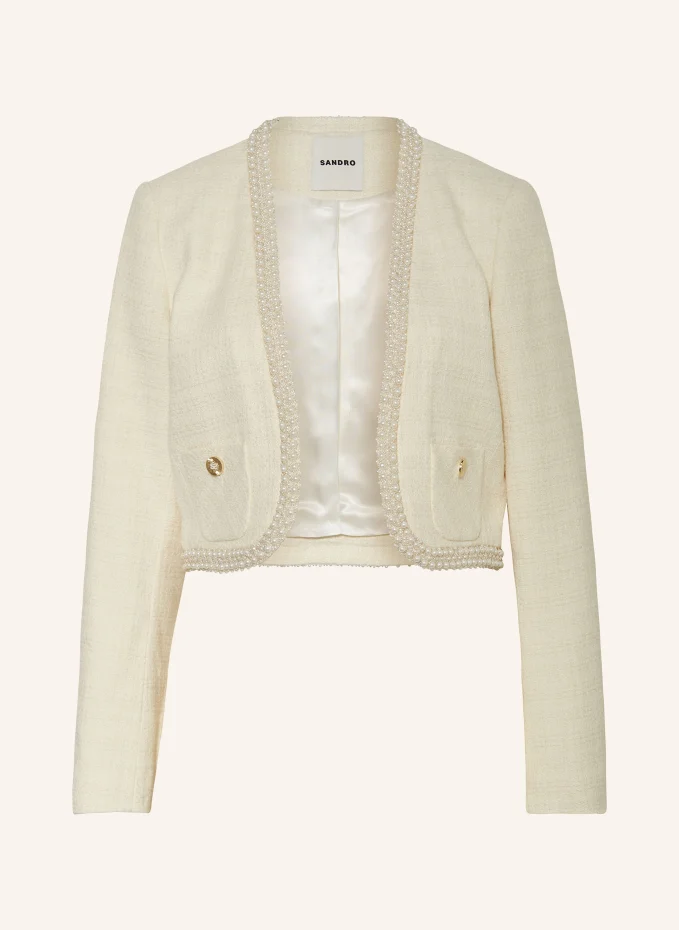 

Твидовый жакет свободного кроя с декоративными бусинами Sandro, экрю