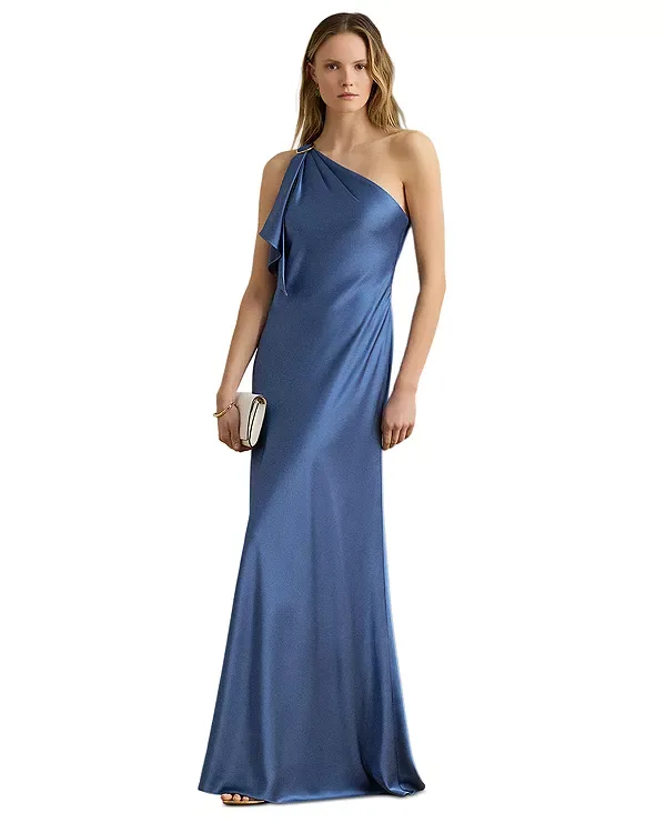 Платье из атласного шармеза на одно плечо Ralph Lauren, Blue