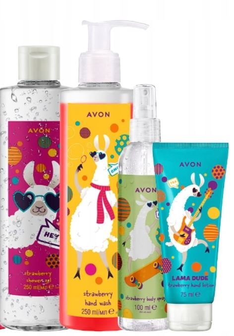

НАБОР ИЗ 4 КОСМЕТИЧЕСКИХ СРЕДСТВ AVON FUNNY LAMA КЛУБНИЧНЫЙ ГЕЛЬ + КРЕМ + СПРЕЙ + МЫЛО