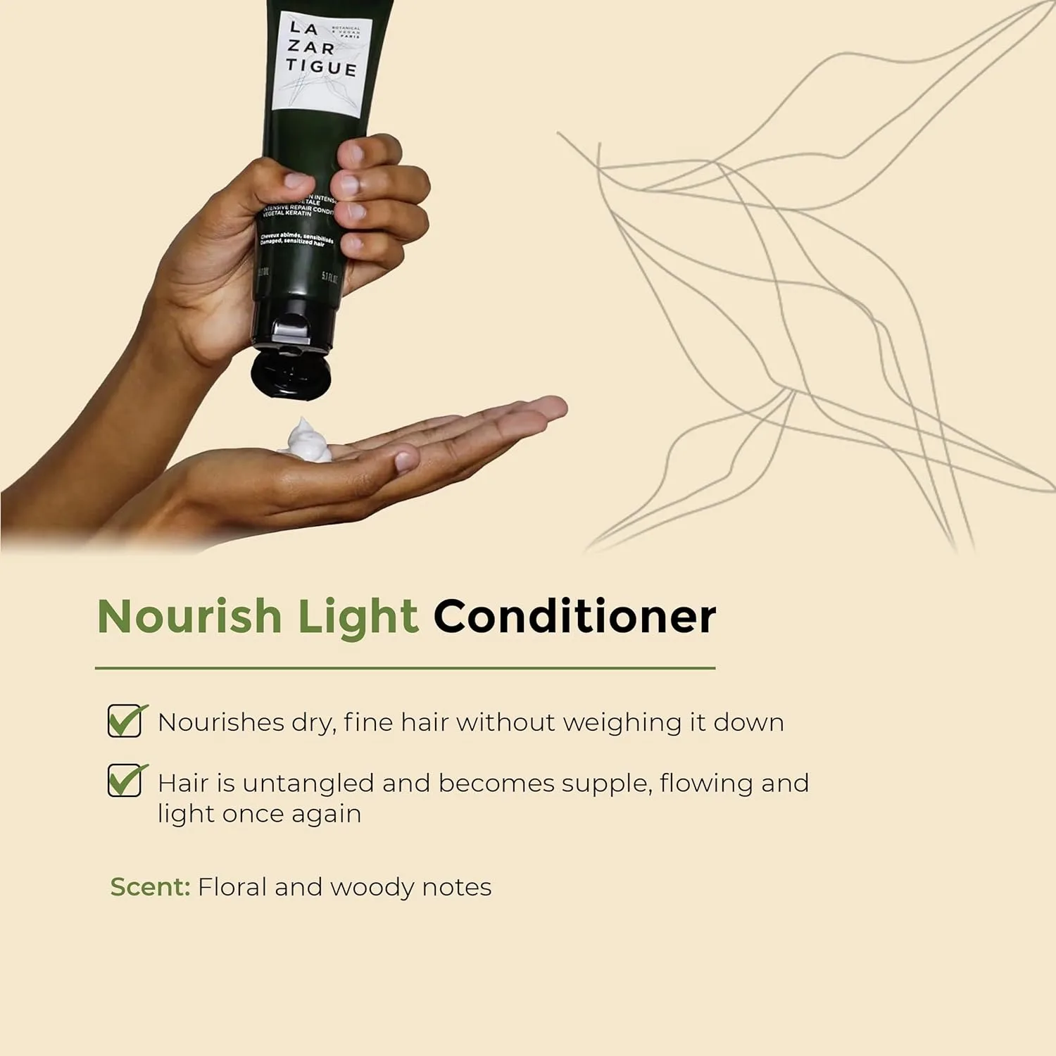 Lazartigue Nourish Light Conditioner, Botanical & Vegan, без силиконов, обогащен соевым маслом, легкое увлажнение для сухих тонких волос, 150 мл — фото 3