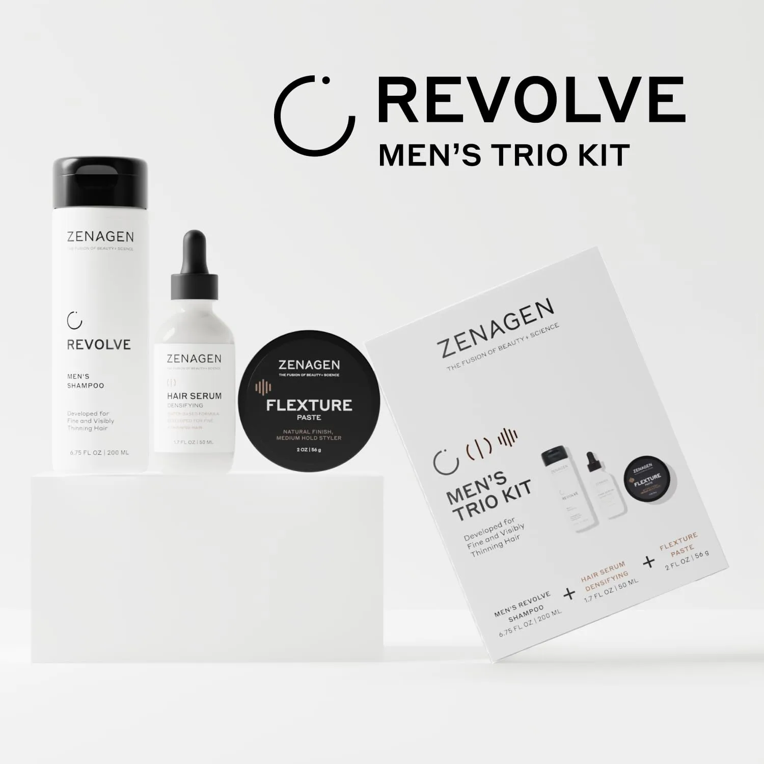 Набор ZENAGEN Revolve для мужчин: три средства для тонких и заметно истонченных волос | Шампунь + Укрепляющая сыворотка + Средство для укладки Flexture, на растительной основе, 1 шт. — фото 3