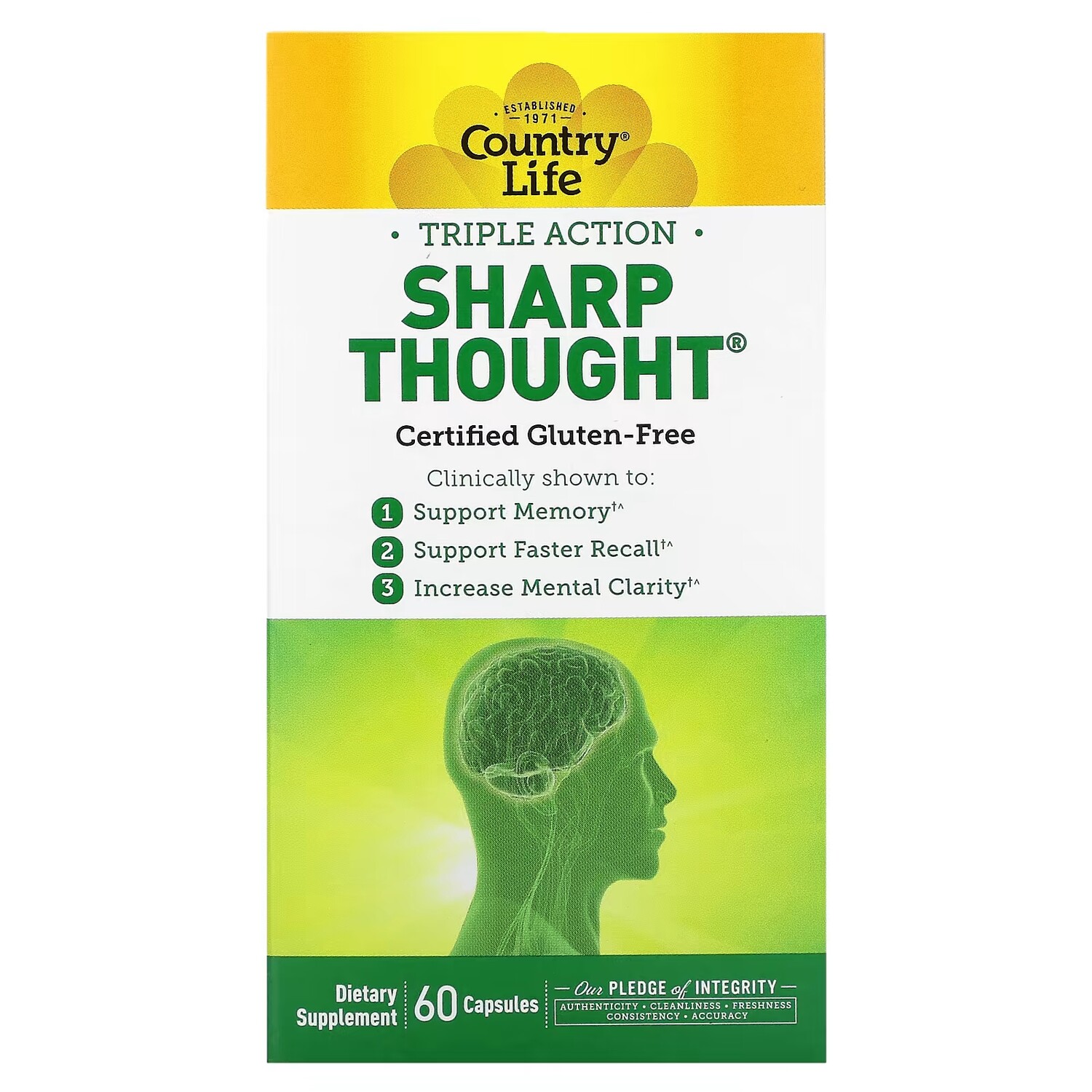 

Пищевая добака для памяти Country Life Triple Action Sharp Thought, 60 капсул