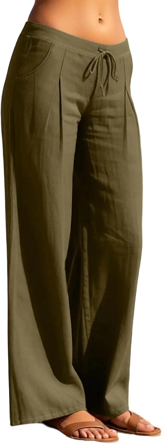 Льняные брюки Women 2026 Wide Leg с кулиской и эластичной резинкой на поясе, Casual, свободные, с карманами Generic, зеленый