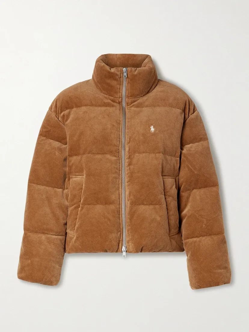 Стеганая пуховая куртка из смесового вельвета с вышивкой POLO RALPH LAUREN, коричневый