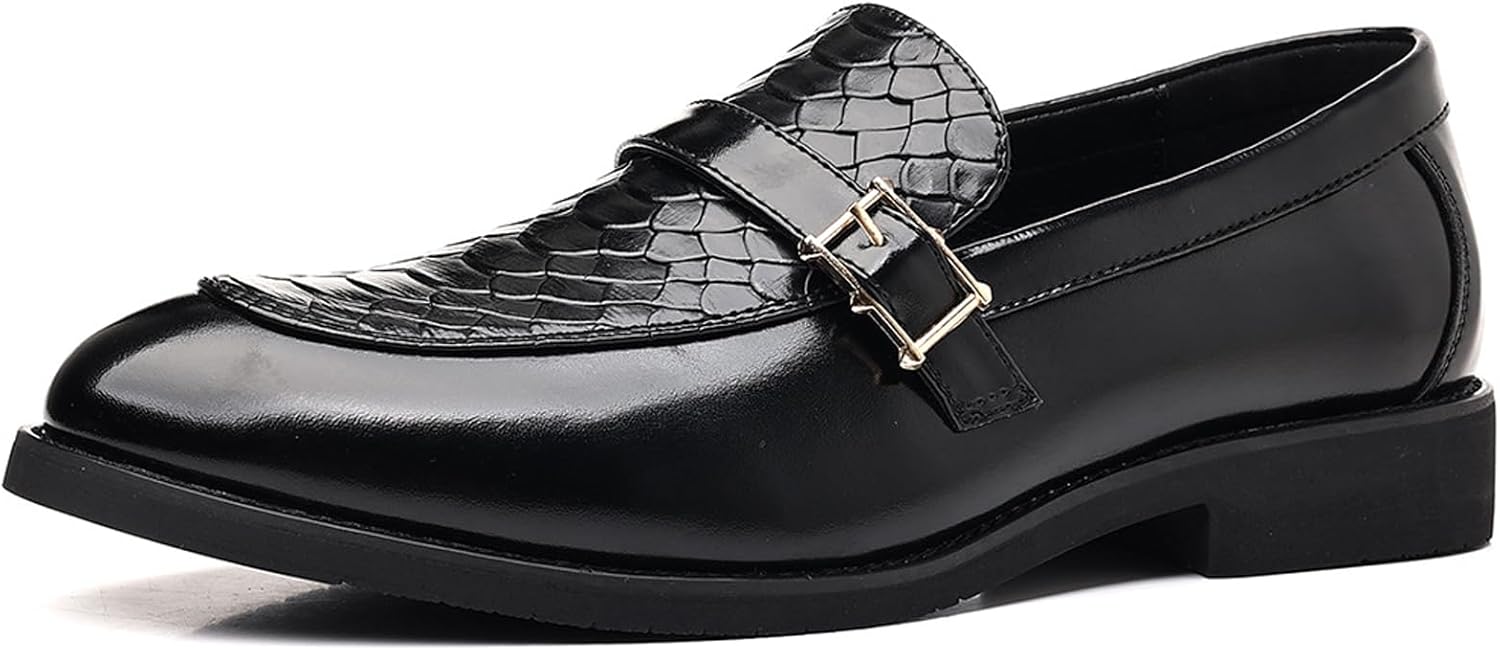 

Мужские лоферы с фактурным массивным каблуком, ретро-стиля, классический заостренный носок, декоративная пряжка, нескользящая подошва, без шнурков, кожаные для свадьбы, работы, офиса Fifilapin, черный