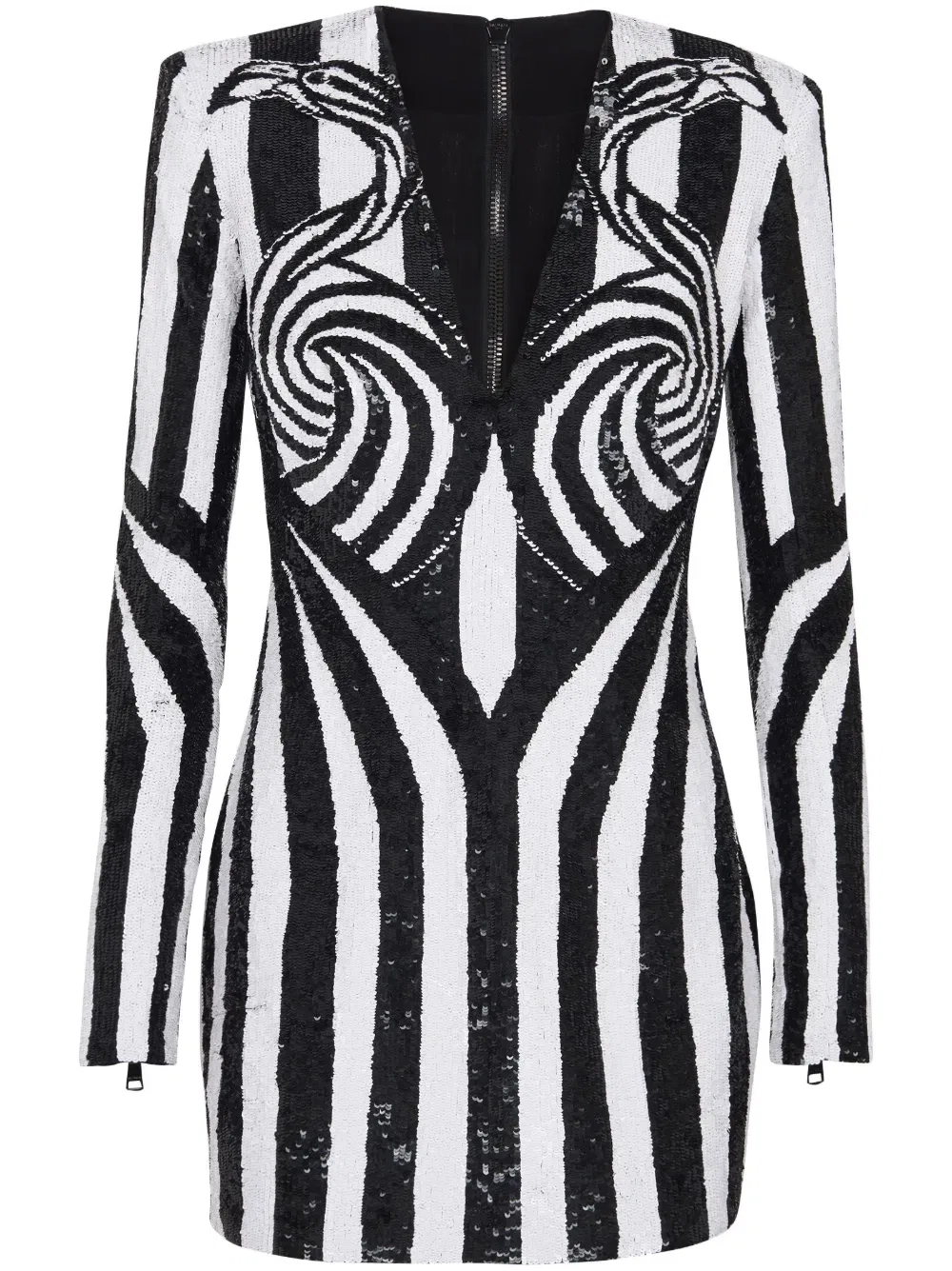 Короткое платье в полоску с вышивкой Balmain, черный