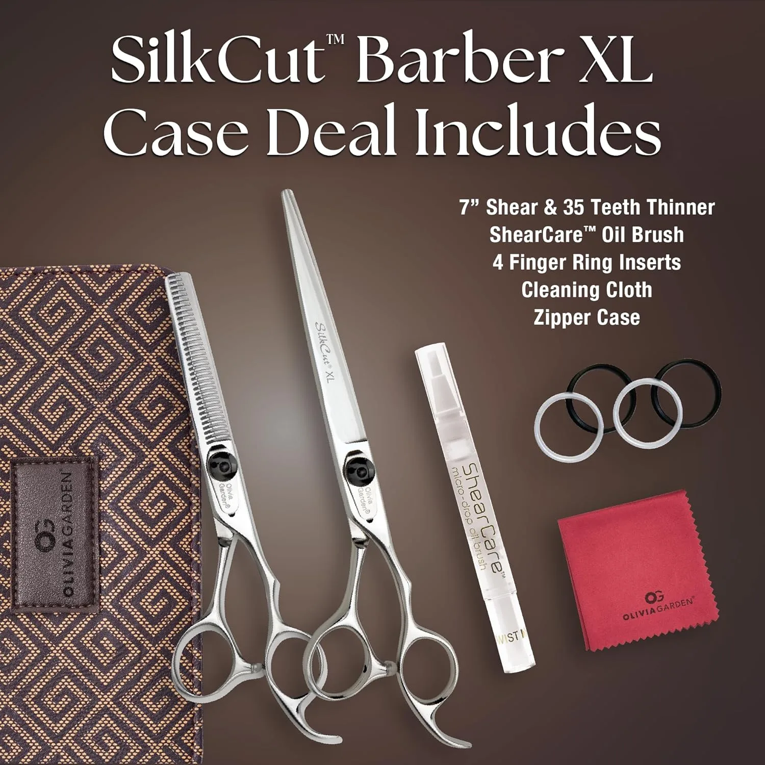 Профессиональные ножницы для стрижки и филировочная машинка Olivia Garden SilkCut - острое лезвие, эргономичная ручка. Набор 7" (SK-C02XL): SK-70XL, SK-T635XL, Silver — фото 2
