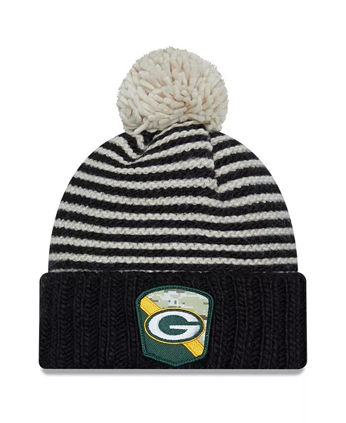 

Женская черная шапка Green Bay Packers 2023 Salute To Service с манжетами и помпоном New Era