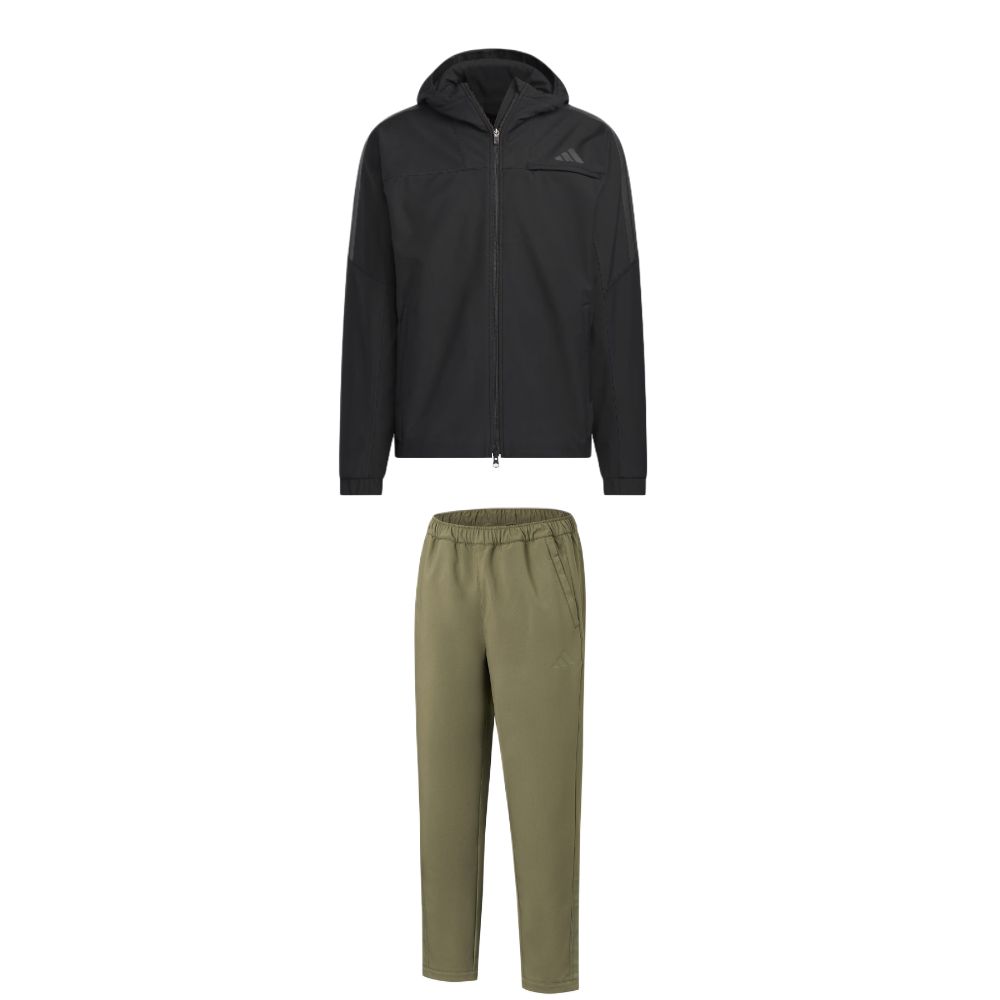 

Adidas Мужской повседневный спортивный комплект: черный верх + оливково-зеленые брюки, с капюшоном, средней жесткости