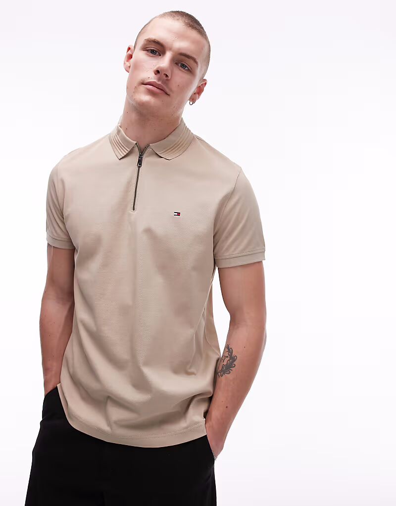 

Рубашка-поло Tommy Hilfiger из пике с застежкой-молнией бежевого цвета