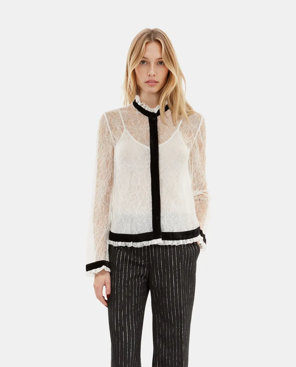 

Женская кружевная рубашка с бархатными деталями The Kooples, бежевый